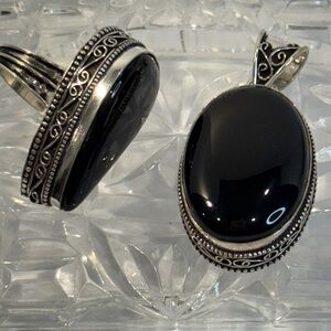 🆕 🆕 Set Of Onyx Gemstone Pendant And Big Ring Size 8.25 In Sterling Silver